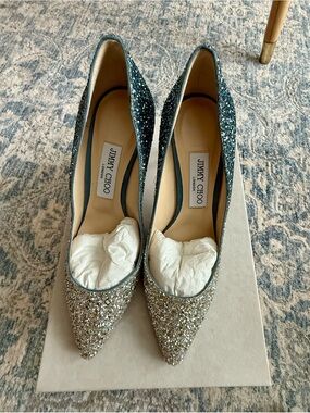 Jimmy Choo Silver and Blue Glitter Pointed Pumps